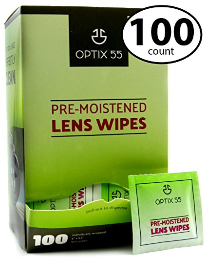 Pre-Moistened Lens Cleaning Wipes - 100 Cloths - Safely Cleans Glasses, Sunglasses, Camera Lenses, and Electronic Quickly & Efficiently - Travel - By Optix 55