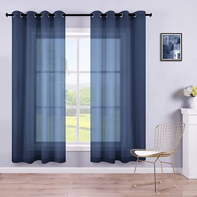 Navy Curtains 63 Inch Length for Boys Room Decor 2 Panels Set Grommet Semi Voile Window Drapes Navy Blue Sheer Curtains for Living Room Kids Bedroom Summer 52x63 Long