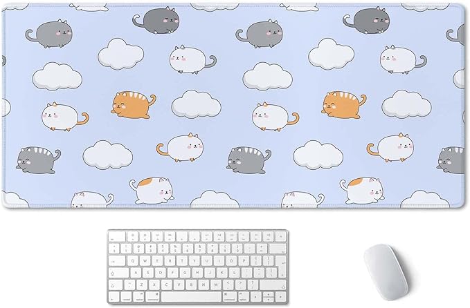 SSOIU Chubby Cats Desk Mat, Extended Gaming Mouse Pad (35.5x15.7 in), Large Non-Slip Rubber Base Mousepad with Stitched Edges, Waterproof Keyboard Mouse Mat Desk Pad for Work, Game, Office, Home