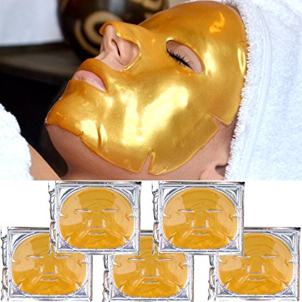 Anti Aging Treatment Set / Kit of 5 Golden 24 K Gold Face / Facial Skin Collagen Gel Crystals Masks / Sheets for Firming, Lifting, Elasticity, Wrinkles / Fine Lines Removal, Hydrating / Moisturizing and Whitening