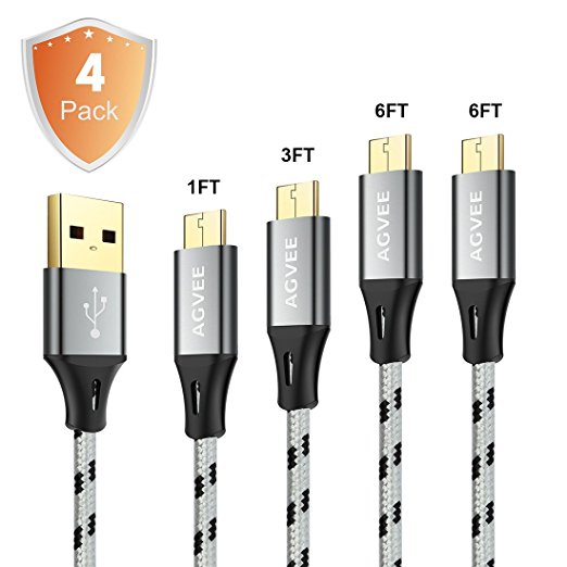 Cruel 3A Current Aging Test, Agvee Micro USB Cable, Gold-plated Connector Quick Charging Cable for Android, 4Pack 1FT 3FT 6FT 6FT with Braided Nylon, Ultra Long Data Sync Charger Cord (Black in Gray)