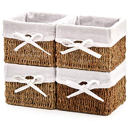 EZOWare Set of 3 Natural Woven Water Hyacinth Nesting Wicker Storage Baskets Organizer Container Bins with Linen Liner - Brown