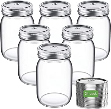 Mason Jars 16 OZ (6 Pack), ANEWSIR Canning Jars Regular Mouth with Lids and Bands, Splite-Type, 24pcs Extra Lids - Silver