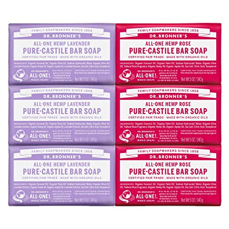 Dr. Bronner's - Pure-Castile Bar Soap, Rose 5 Ounce (3) and Lavender 5 Ounce (3) - Made with Organic Oils, For Face, Body and Hair, Gentle and Moisturizing, Biodegradable, Vegan, Cruelty-free, Non-GMO