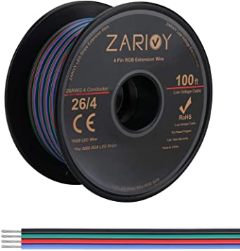 Zarivy 100FT 26AWG 4 Pin 4 Color Standed RGB Wire Extension Cable, 26 AWG Led Electric Wire for RGB LED Strip 5050 3528, 26 Gauge LED Strip Extension Cord for LED Ribbon Lamp Tape Lighting