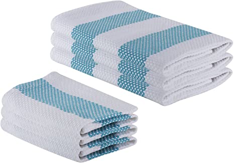 The Weaver's Blend Set of 3 Kitchen Towels + 3 Dish Cloths, Basket Weave, 100% Cotton, Absorbent, Size 28”x18” and 12’x12”, Bright Blue Stripe,Kitchen Towels and Dish Cloths