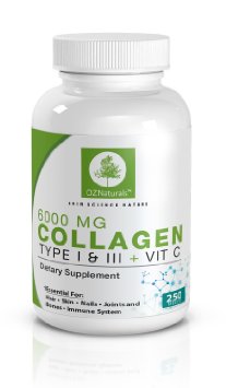 OZ Naturals Collagen Type 1 and 3  Vitamin C Supplement - 6000 MG 250 Tablets - The Most Potent Anti Aging Formula For Healthy Glowing Skin Hair and Nails
