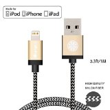 iPhone Charger Apple Certified iOrange-E8482Lightning to USB Cable Braided 33ft 1M for iPhone 6 6S Plus 5S 5C 5 iPad Air iPad Pro iPad Mini 4 iPod Touch 5th GenerationGold