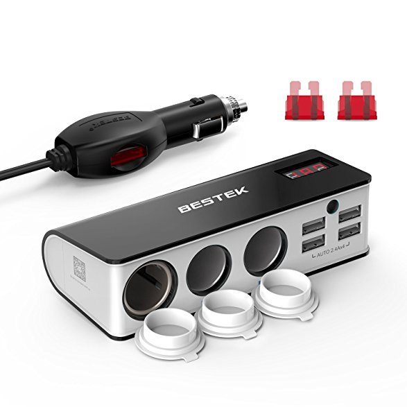 BESTEK 3-Socket Cigarette Lighter Adapter, 12/24V 200W DC Socket Splitter with 6A 4-Port Car USB Splitter Charger for iPhone, iPad, Samsung, Heated Seat Cushion, GPS, Dashcam and More