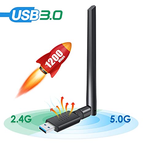 Carantee USB 3.0 WiFi Adapter 1200Mbps, Wireless Network WiFi Dongle with 5dBi Antenna for PC/Desktop/Laptop/Mac, Dual Band 2.4G/5G 802.11ac,Support WinXP/7/8/10/vista, Mac10.6-10.14