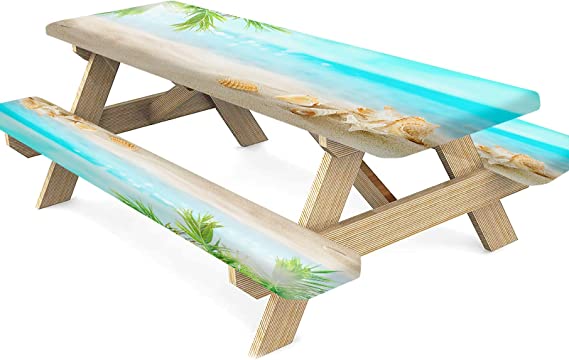 Starfish Picnic Fitted Tablecloth and Bench Seat Covers, 3 Pieces Set, Summer Coconut Palm Tree Leaves and Shells on The Beach, Elastic Edged Table Cover Gifts for Kids Birthday, 72x28 Inch, Blue