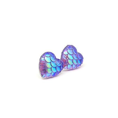 12mm Heart Shaped Mermaid Scale Earrings on Plastic Posts, Pink and Purple