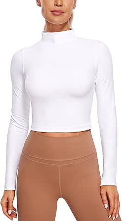 CRZ YOGA Womens Butterluxe Mock Turtleneck Long Sleeves Crop Tops Slim Fit Workout Casual T-Shirt Base Layer Fall Shirts