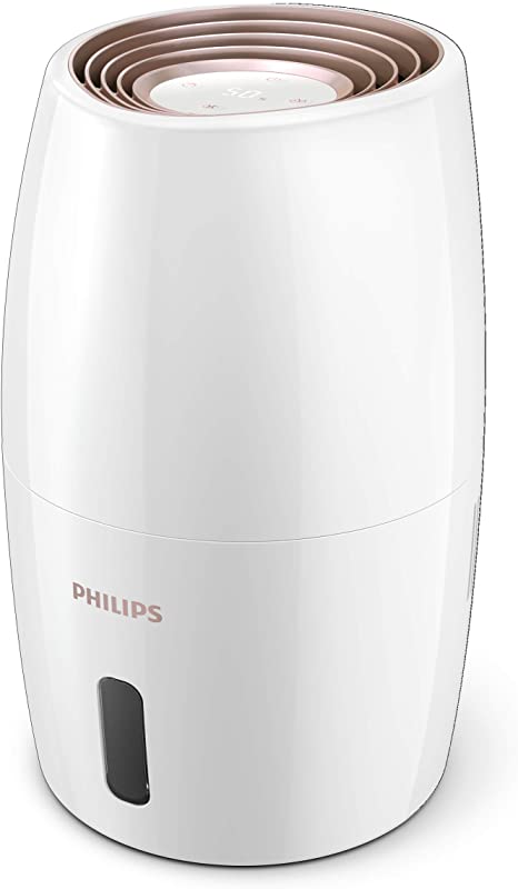 Philips Air Humidifier Series 2000 for Dry Environments with Sleep Mode & Automatic Sensing, Up to 32m², Spreads 99% Less Bacteria, 3 Humidity and Fan Speed Settings, White/Rose Gold, HU2716/70