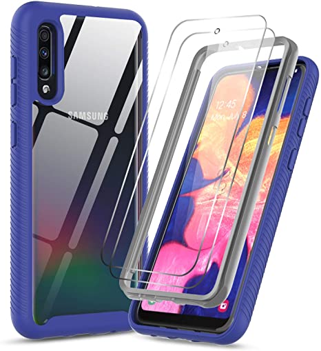 LeYi Samsung Galaxy A50 Case, Galaxy A50 Case with Tempered Glass Screen Protector [2 Pack], Full-Body Protective Hybrid Rugged Armor Clear Bumper Shockproof Phone Cover Case for Samsung A50 Navy Blue