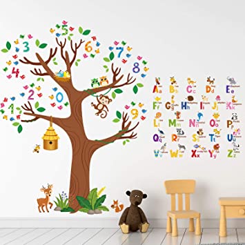 3 Sheets Animal Alphabet and Numbers Tree Wall Decals ABC Letters and Birds Numbers Peel and Stick Wall Stickers for Kids Bedroom Living Room Classroom Decorations