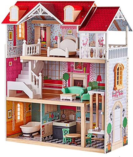 TOP BRIGHT Wooden Dolls House for Girls, Large Dollhouse Toy for Kids with Furniture and Elevator