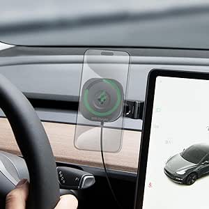 Spigen OneTap Pro 3 MagSafe Autohalterung Ladegerät für Tesla Model Y 3 Highland 2024 Model X S Zubehör, Magnetisches Kabelloses Auto Handyhalterung mit Ladefunktion für iPhone 15, 14, 13, 12