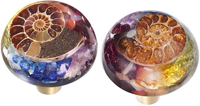 rockcloud Pack of 2 Ammonite Fossil Colorful Chakra Stones Resin Crystal Drawer Knobs Pull Handle Cupboard Dresser Door Pull with Screws Home Decoration