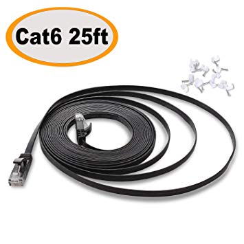 Jadaol Cat 6 Ethernet Cable 25 ft Black - Flat Ethernet Patch Cable Short- Internet Cable with Snagless Rj45 Connectors – 25 feet Black (7.6 Meters)