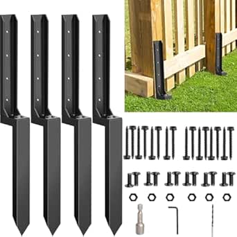 Heavy Duty Fence Post Repair Kit Steel Fence Post Stakes Anchorage Nails with Rust Resistant Coating for repairing leaning or damaged wood fences (4 pack), Black