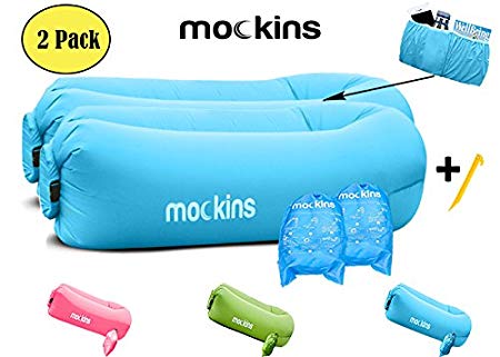 Mockins 2 Pack Blue Inflatable Lounger Hangout Sofa With Travel Bag The Portable Inflatable Air Lounger Couch is perfect for Indoor And Outdoor Use For Camping Beach & Lake Or Pool …