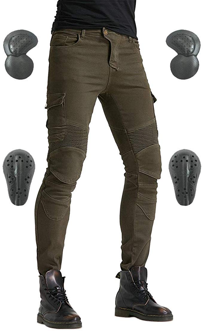 Men's Motorcycle Riding Pants Denim Jeans Protect Pads Equipment with Knee and Hip Armor Pads VES6 (Army green, 2XL=36)