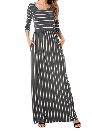 levaca Women's 3/4 Sleeve Elastic Waist Pockets Striped Flare Casual Maxi Dress