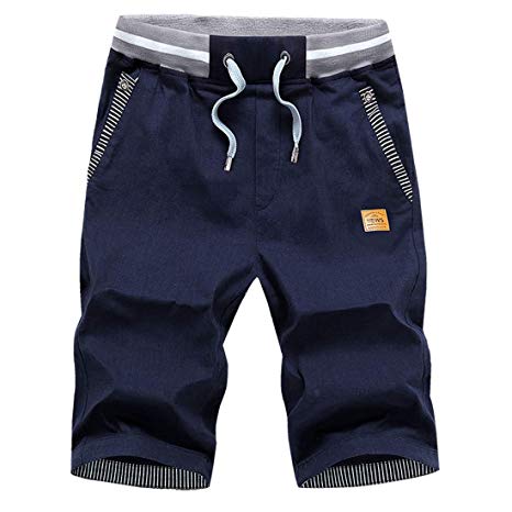 VICALLED Men's Shorts Casual Classic Fit Summer Beach Zipper Pockets Elastic Waist Shorts