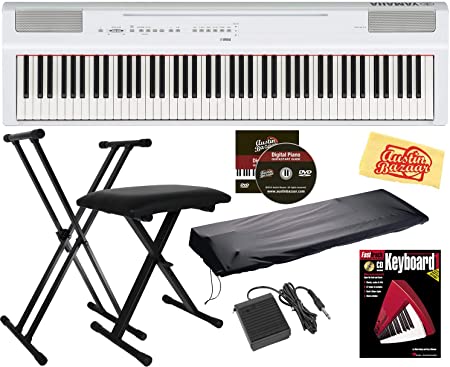 Yamaha P-125 Digital Piano - White Bundle with Adjustable Stand, Bench, Sustain Pedal, Dust Cover, Instructional Book, Online Lessons, Austin Bazaar Instructional DVD, and Polishing Cloth