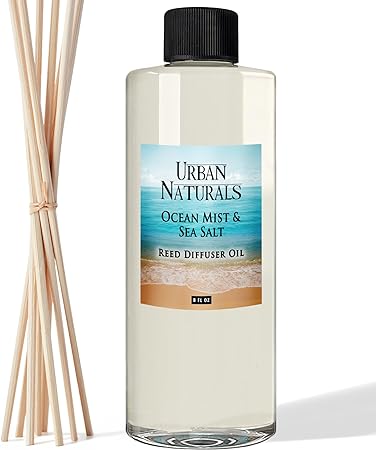 Urban Naturals Ocean Mist & Sea Salt Essential Oil Reed Diffuser Refill | Large 8 Ounce Size | Includes a Free Set of Reed Sticks! Made in The USA