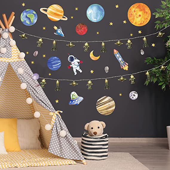 20 LED Astronaut String Light Children's Room Spaceship Rocket Pendant Light with Planets Space Wall Decal Sticker Solar System Space Kids Room Decor for Space Theme Party Supplies Bedroom Decoration