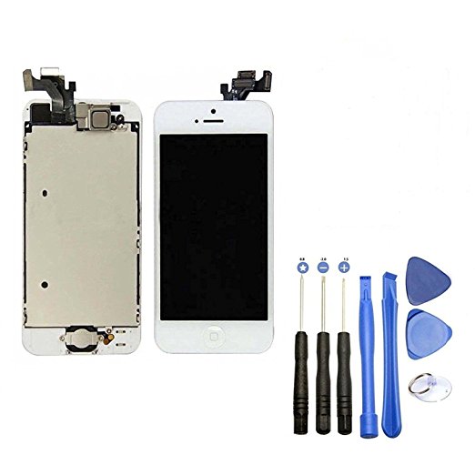 LLLccorp LCD Display Touch Screen Digitizer Assembly Repair Replacement for iPhone 5 5G with Spare Part (Home Button, Front Camera, Sensor Flex) ,Repair Tools (White)