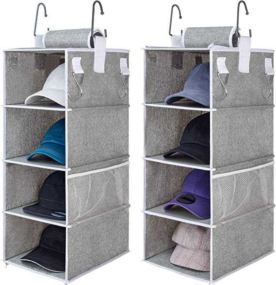 StorageWorks Hat Rack 8-Shelf Hanging Hat Organizer, Two Separate 4-Shelf Hat Storage, Baseball Cap Organizer for Closet, Canvas, Gray, 12"D x 9"W x 50"H