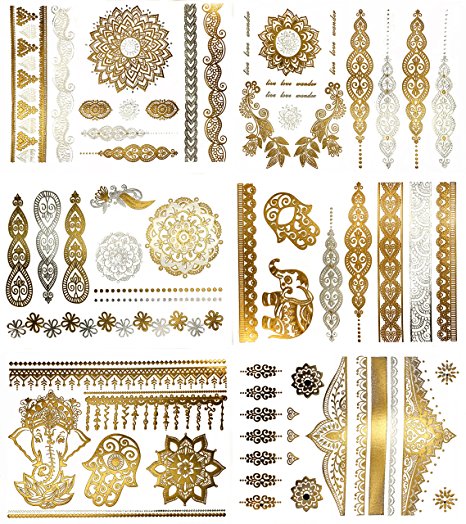Premium Metallic Henna Tattoos - 75  Mandala Boho Designs in Gold & Silver - Temporary Fake Shimmer Jewelry Tattoo - Flowers, Elephants, Bracelets, Wrist & Arm Bands, & More (Jasmine Collection)