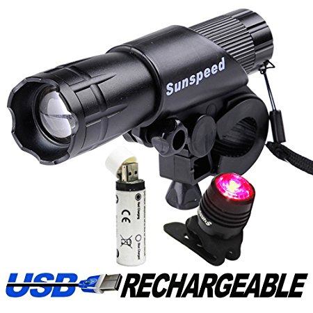 Sunspeed USB Rechargeable LED Bike Light Set, Free USB Rechargeable Taillight and Batteries Included, 300Lm Super Bright, Waterproof