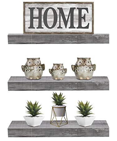 Sorbus Floating Shelf Set — Rustic Wood Hanging Rectangle Wall Shelves — Perfect for Home Décor, Trophy Display, Photo Frames, and More (3-Pack, Grey)