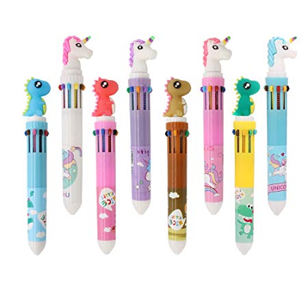 Shuttle Pens Ballpoint Pen Retractable Gel Pen 10-in-1 Shuttle Pens Leaflai 8 Multicolor Dinosaur Unicorn 0.5mm Liquid Ink Pens for Office School Supplies Students Children Gift (8PCS-A)