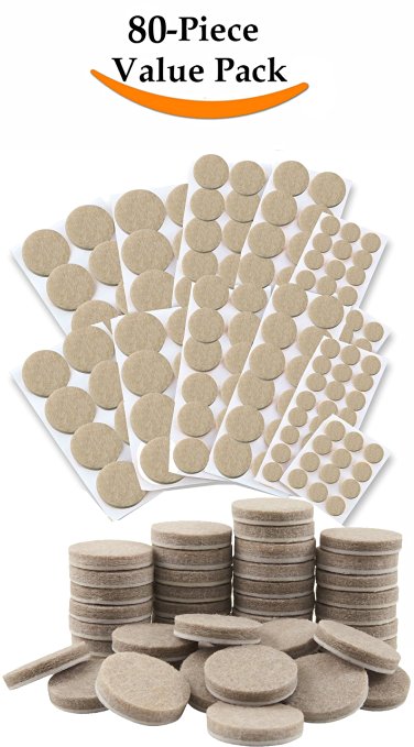 Self-Stick Round Felt Pads 80-Piece Value Pack Includes Three Different Sizes for Furniture Legs Protect Tile Linoleum Vinyl Wood Floors, Beige
