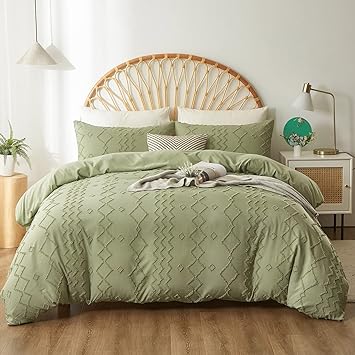 ZEIMON Sage Green Tufted Duvet Cover King Size, 3 Piece Shabby Chic Embroidery Duvet Cover Set,Premium Soft Microfiber Comforter Cover Set for All Seasons (Green,King)