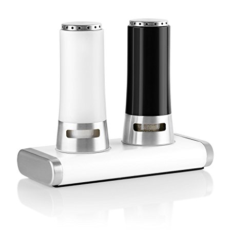 Blumwares Salt and Pepper Glass Shakers Set with Stand Set of 2 Pepper Mill and Salt Mill Magnetic Grinding Mechanism