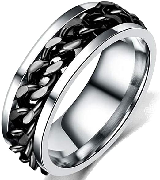 8mm Stainless Steel Chain Inlay Rotating Spin Wedding Band Biker Ring