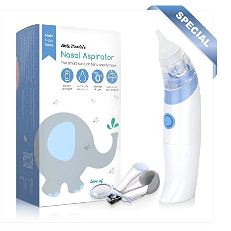 Little Martin's Drawer Baby Nasal Aspirator (Blue) - Safe, Fast, Hygienic Snot Sucker for Newborn & Toddler - Includes a Battery Operated Nose Cleaner and a Free Bonus Baby Clipper with Magnifier