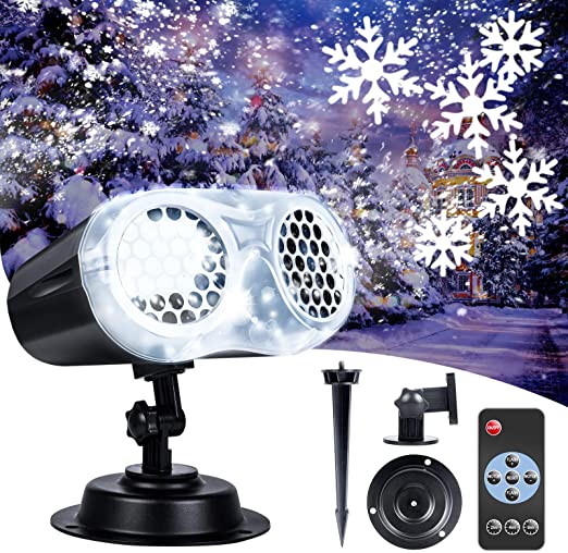 MIU COLOR Christmas Projector Lights for Outdoor with RF Remote, 9W IP65 LED Waterproof Double Lamps Snowflake Pattern Projector Night Lights for Children, Xmas Party Indoor Décor Lighting