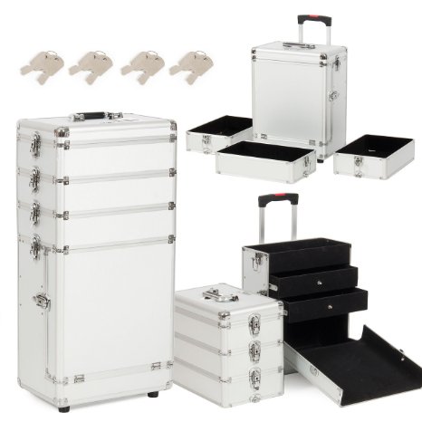 BELLAVIE© 4in1 Professional Wheels Rolling Cosmetic Makeup 2-Drawer Artists Case, Silver