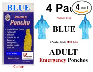 4 PK VAS BLUE EMERGENCY HOODED RAIN PONCHO -W VAS EMERGENCY POUCH