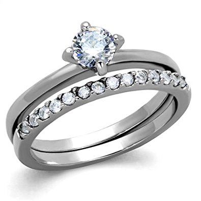 1.15 Ct Round Cut AAA CZ Stainless Steel Wedding Ring Band Set Women's Size 5-10