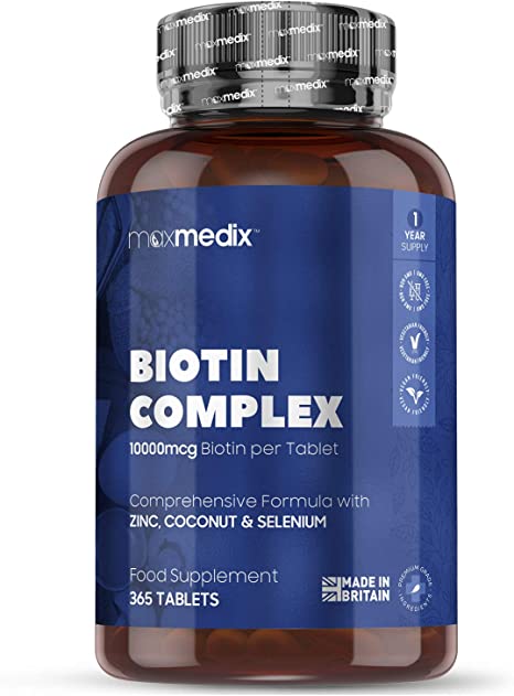 Biotin Complex Hair Growth Tablets - 10,000ug - 365 Tablets (1 Year Supply) Biotin For Hair Growth, Skin & Nails Plus Zinc & Coconut Oil Hair Support Complex, Nail Strength   Skin Care, Vegan Friendly