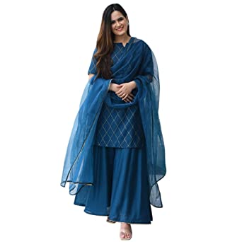 Royal Export Women's Blue Color Viscose Gold Printed Kurta Sharara Set with Dupatta