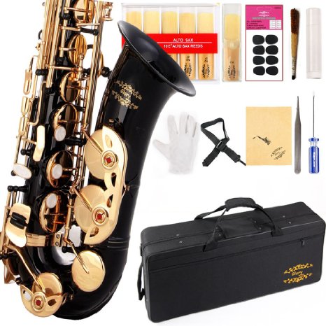 Glory Black/Gold Keys E Flat Professional Alto Saxophone sax with 11reeds,8 Pads cushions,case,carekit-More Colors with Silver or Gold keys